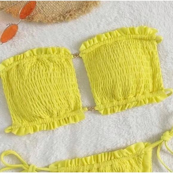 Yellow Lettuce Trim Strapless Bandeau String Bikini Size SMALL - Picture 3 of 6